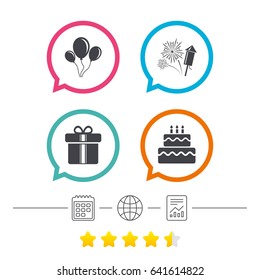 Birthday party icons. Cake and gift box signs. Air balloons and fireworks symbol. Calendar, internet globe and report linear icons. Star vote ranking. Vector
