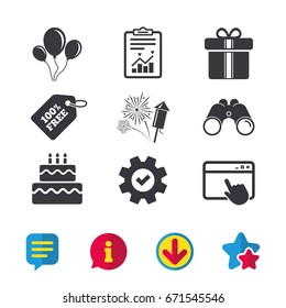 Birthday party icons. Cake and gift box signs. Air balloons and fireworks symbol. Browser window, Report and Service signs. Binoculars, Information and Download icons. Stars and Chat. Vector