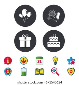 Birthday party icons. Cake and gift box signs. Air balloons and fireworks symbol. Calendar, Information and Download signs. Stars, Award and Book icons. Light bulb, Shield and Search. Vector