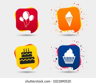 Birthday party icons. Cake with ice cream signs. Air balloons with rope symbol. Speech bubbles or chat symbols. Colored elements. Vector