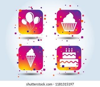 Birthday party icons. Cake with ice cream signs. Air balloons with rope symbol. Colour gradient square buttons. Flat design concept. Vector