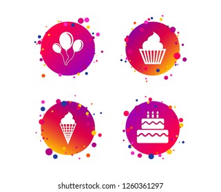 Birthday party icons. Cake with ice cream signs. Air balloons with rope symbol. Gradient circle buttons with icons. Random dots design. Vector