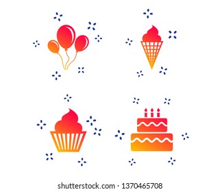 Birthday party icons. Cake with ice cream signs. Air balloons with rope symbol. Random dynamic shapes. Gradient birthday icon. Vector