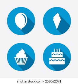 Birthday party icons. Cake with ice cream signs. Air balloon symbol. Circle concept web buttons. Vector