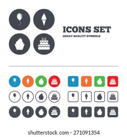 Birthday party icons. Cake with ice cream signs. Air balloon with rope symbol. Web buttons set. Circles and squares templates. Vector