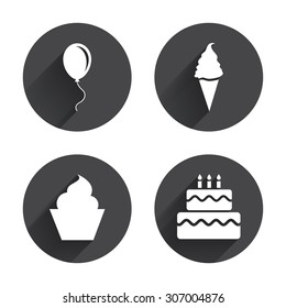 Birthday party icons. Cake with ice cream signs. Air balloon with rope symbol. Circles buttons with long flat shadow. Vector