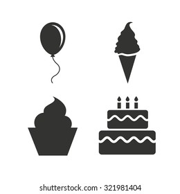 Birthday party icons. Cake with ice cream signs. Air balloon with rope symbol. Flat icons on white. Vector