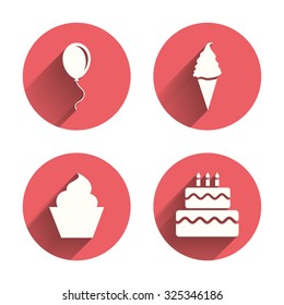 Birthday party icons. Cake with ice cream signs. Air balloon with rope symbol. Pink circles flat buttons with shadow. Vector