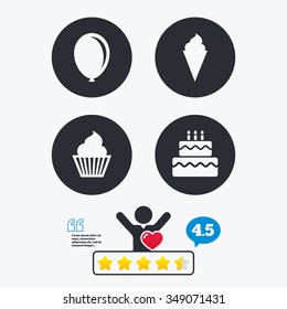 Birthday party icons. Cake with ice cream signs. Air balloon symbol. Star vote ranking. Client like and think bubble. Quotes with message.