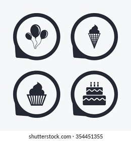 Birthday party icons. Cake with ice cream signs. Air balloons with rope symbol. Flat icon pointers.