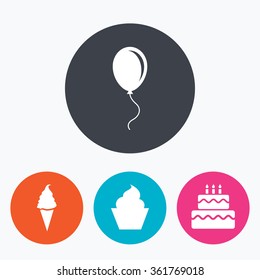 Birthday party icons. Cake with ice cream signs. Air balloon with rope symbol. Circle flat buttons with icon.