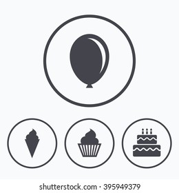 Birthday party icons. Cake with ice cream signs. Air balloon symbol. Icons in circles.