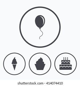 Birthday party icons. Cake with ice cream signs. Air balloon with rope symbol. Icons in circles.
