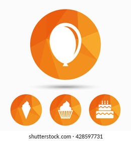 Birthday party icons. Cake with ice cream signs. Air balloon symbol. Triangular low poly buttons with shadow. Vector