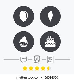 Birthday party icons. Cake with ice cream signs. Air balloon symbol. Chat, award medal and report linear icons. Star vote ranking. Vector
