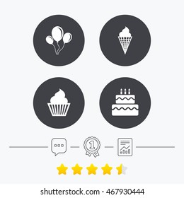 Birthday party icons. Cake with ice cream signs. Air balloons with rope symbol. Chat, award medal and report linear icons. Star vote ranking. Vector