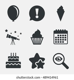 Birthday party icons. Cake with ice cream signs. Air balloon symbol. Attention, investigate and stars icons. Telescope and calendar signs. Vector