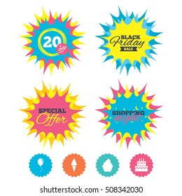 Birthday party icons. Cake with ice cream symbol.