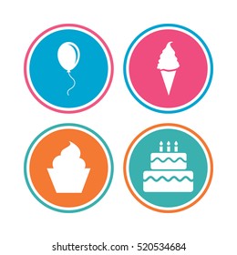 Birthday party icons. Cake with ice cream signs. Air balloon with rope symbol. Colored circle buttons. Vector