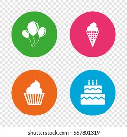 Birthday party icons. Cake with ice cream signs. Air balloons with rope symbol. Round buttons on transparent background. Vector