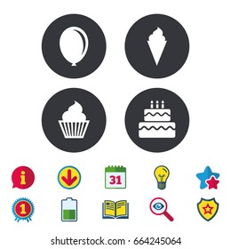 Birthday party icons. Cake with ice cream signs. Air balloon symbol. Calendar, Information and Download signs. Stars, Award and Book icons. Light bulb, Shield and Search. Vector