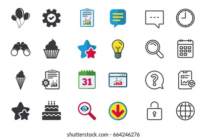 Birthday party icons. Cake with ice cream signs. Air balloons with rope symbol. Chat, Report and Calendar signs. Stars, Statistics and Download icons. Question, Clock and Globe. Vector