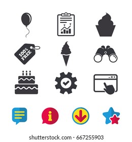 Birthday party icons. Cake with ice cream signs. Air balloon with rope symbol. Browser window, Report and Service signs. Binoculars, Information and Download icons. Stars and Chat. Vector