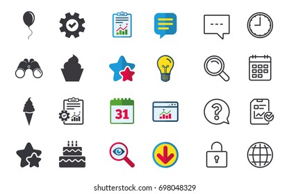 Birthday party icons. Cake with ice cream signs. Air balloon with rope symbol. Chat, Report and Calendar signs. Stars, Statistics and Download icons. Question, Clock and Globe. Vector