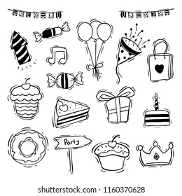 birthday party icons collection with donut, slice cake and cupcake