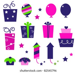 Birthday party icons and elements isolated on white - pink, blue Cute icons collection in vibrant tones. Vector cartoon collection.