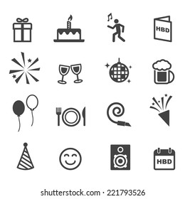 iconos de fiesta de cumpleaños, símbolos mono vectoriales