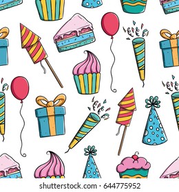 birthday party icons in seamless pattern with color and outline