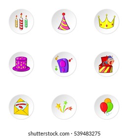 Birthday party icons set. Cartoon illustration of 9 birthday party vector icons for web