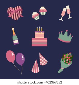 Birthday party icons set and celebration icon. Birthday collection symbols. Vector illustration eps10