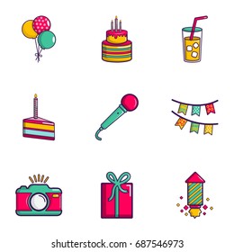 Birthday party icons set. Flat set of 9 birthday party vector icons for web isolated on white background