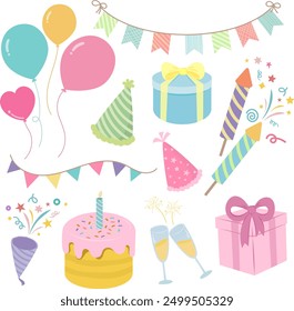 Fiesta de cumpleaños, conjunto de iconos de fiesta, regalos, globo, regalo de decoración de pastel de fiesta de cumpleaños, Ilustración vectorial.