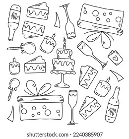 birthday party icons set with line style vector design 
