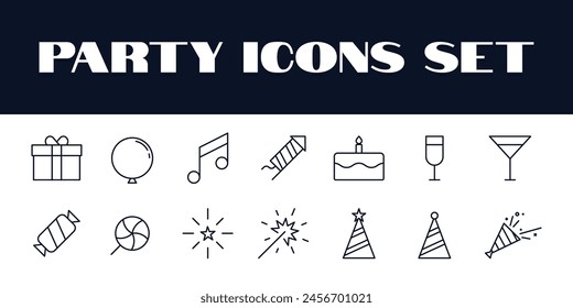 Conjunto de iconos de cumpleaños Vector. Iconos de celebración de fiestas set Ilustración. Iconos de cumpleaños