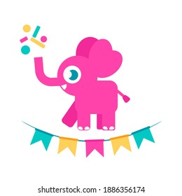 Birthday party illustration with cartoon pink elephant, colorful flags, confetti isolated on white backdrop. Perfect for greeting, invitation card, banner design template, kids birthday party poster