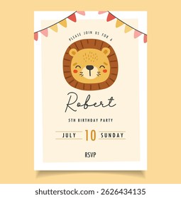 Birthday party Invitation, Birthday animals collection, cake, gifts, lion, boy party invitation