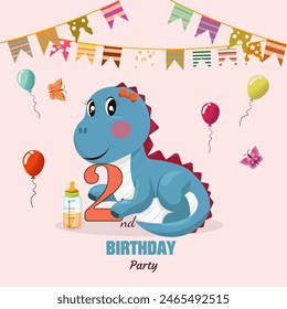  Birthday party invitation with baby dragon. Cute blue baby animal with a bottle of milk and a brightly colored bow on his head. Vector illustration