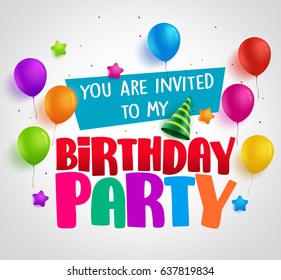 Birthday party invitation background vector design with greetings and colorful balloons and birthday elements in white. Vector illustration.
