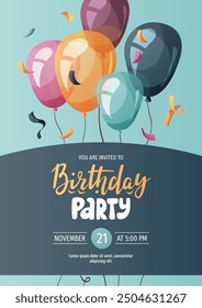 Birthday party invitation with Balloons. Birthday party, celebration, holiday, event, festive, congratulations concept. Vector illustration.