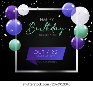 Birthday party invitation with balloons and confetti in the colors of the pride flag