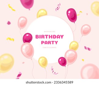 Birthday party invitation banner card balloon flat. Pink background flying confetti celebration congratulate concept postcard cover holiday event big date family friendly birth anniversary card pass