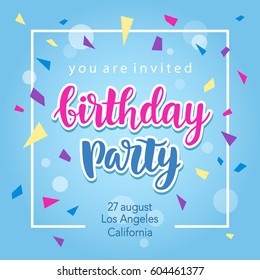Birthday Party Invitation Banner Template With Hand Written Calligraphy. Vector Illustration