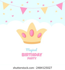 Birthday party invitation with beautiful crown . Template vector illustration on blue background. vector background with a rainbow unicorn in cloudy sky for banners, cards, flyers, social media wall