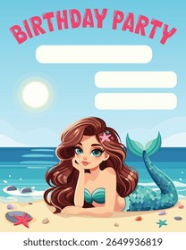Birthday party invitation with beautiful mermaid lies on the beach with seashells and pebbles. Vector illustration in flat cartoon style