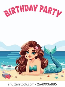 Birthday party invitation with beautiful mermaid lies on the beach with seashells and pebbles on white background. Vector illustration in flat cartoon style