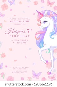 Birthday party invitation with beautiful unicorn surrounded with butterflies and flowers. Template vector illustration on pink background. Release clipping mask for full size objects.